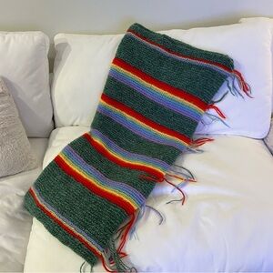 Handmade colorful knit throw blanket rainbow and green pattern with tassels